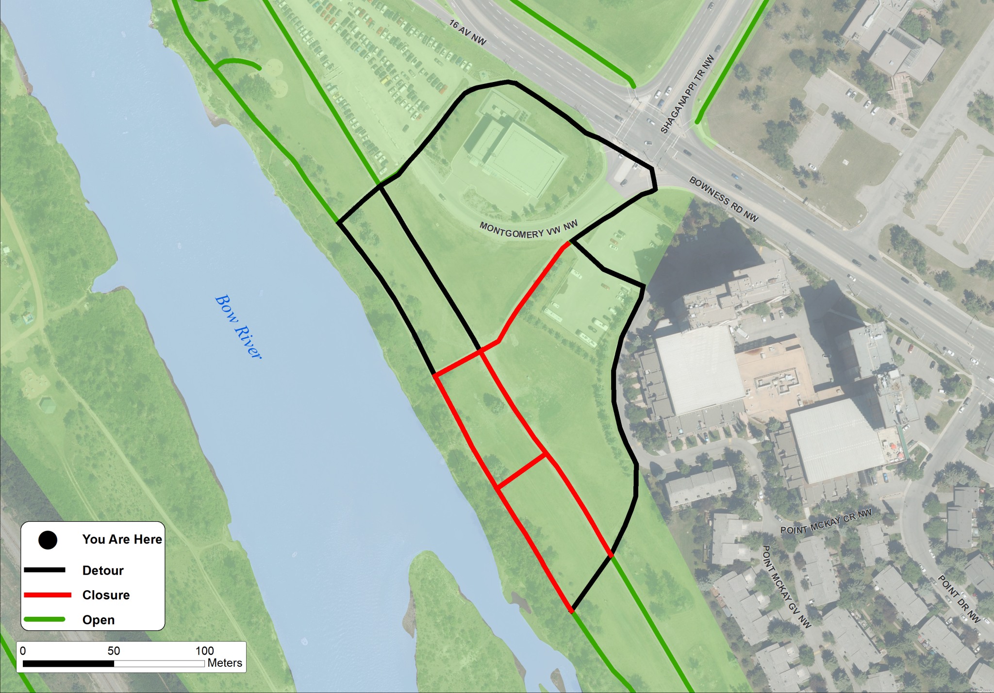 Pathway closure map Ogden bow river