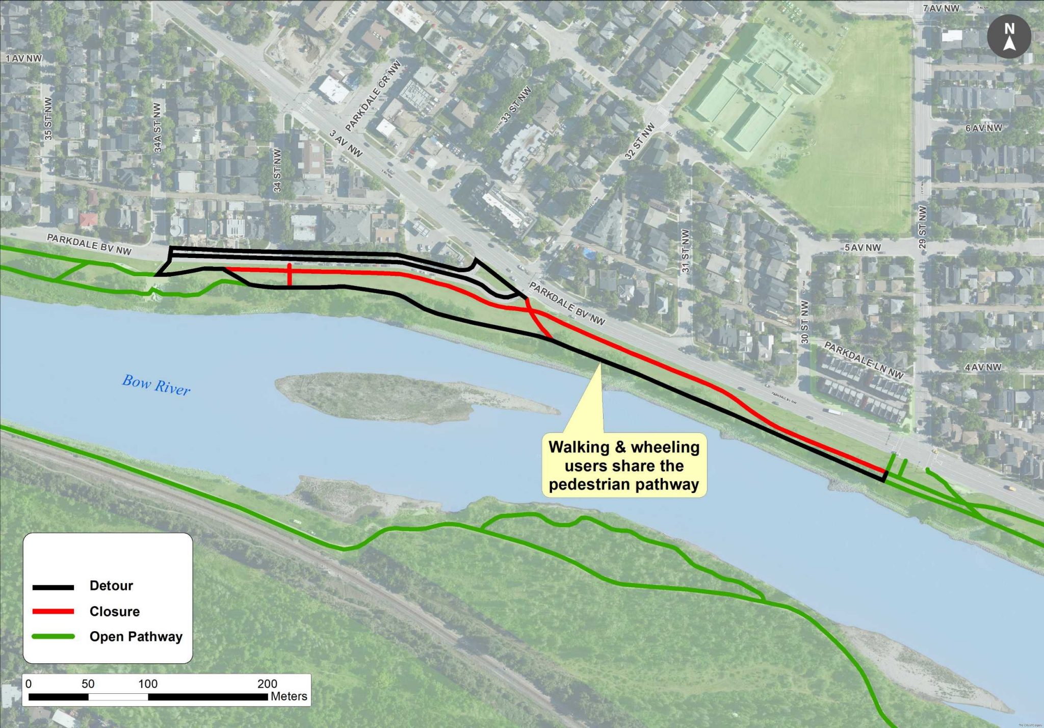 Pathway closure map Parkdale Boulevard N.W, between 34 Street N.W. and 29 Street N.W.