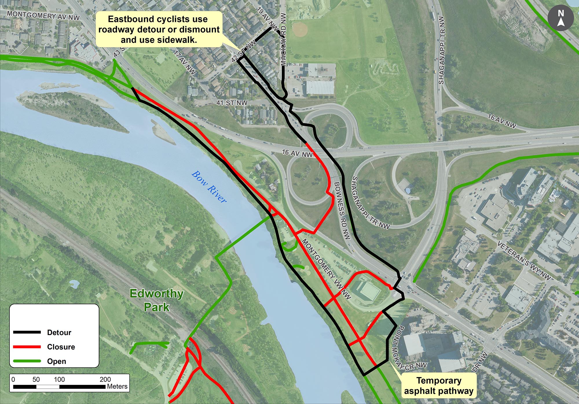 Bow River pathway closure map between 43 St. N.W. and Point Mckay Cr. N.W.