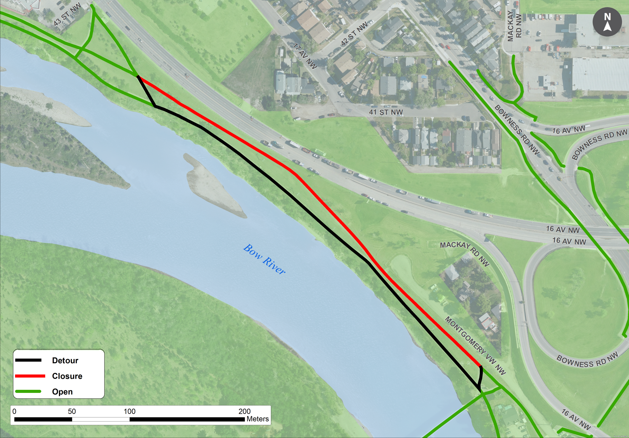 Pathway closure along the Bow River Pathway between 43 St and Mackay Rd S.W.