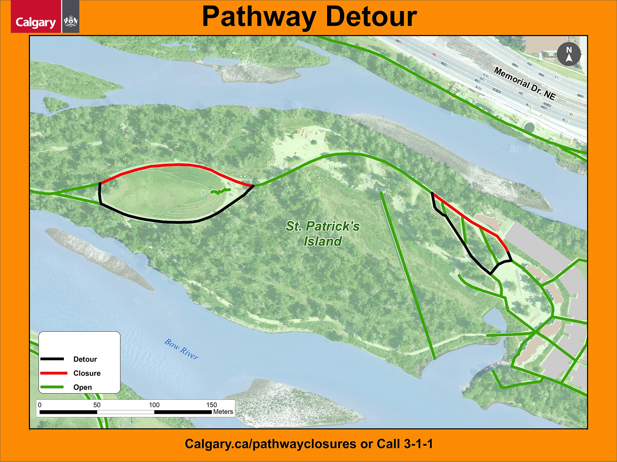 Bow river pathway closure near the St. Patrick's Island