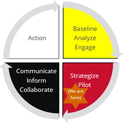 Program Approach -Step 1: Baseline, Analyze, Engage, Step 2: Strategize pilot, Step 3: Communicate, Inform, Collaboration, Step 4: Action