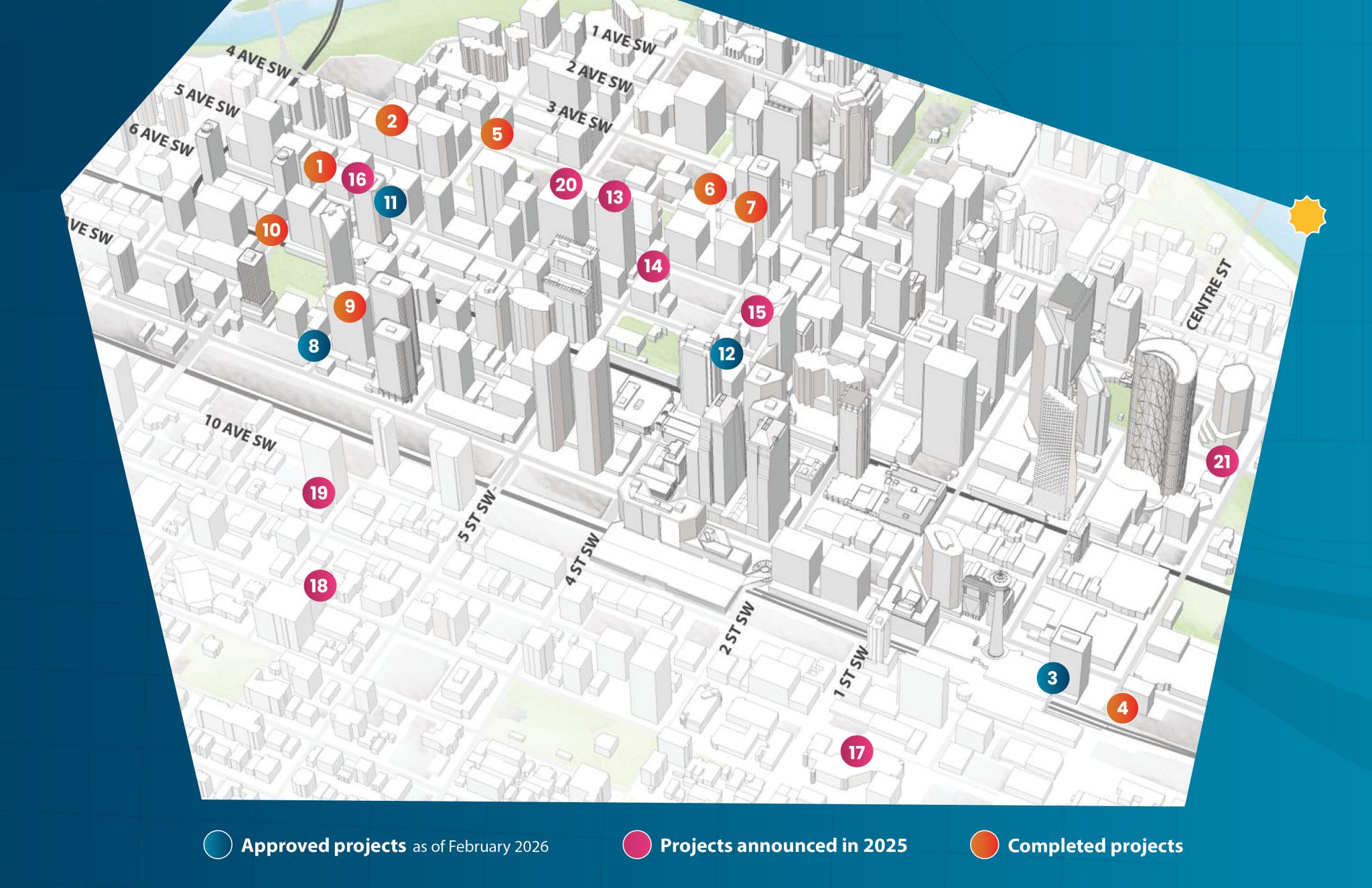 An illustration of downtown Calgary colour coded to reflect ongoing transformation within the area