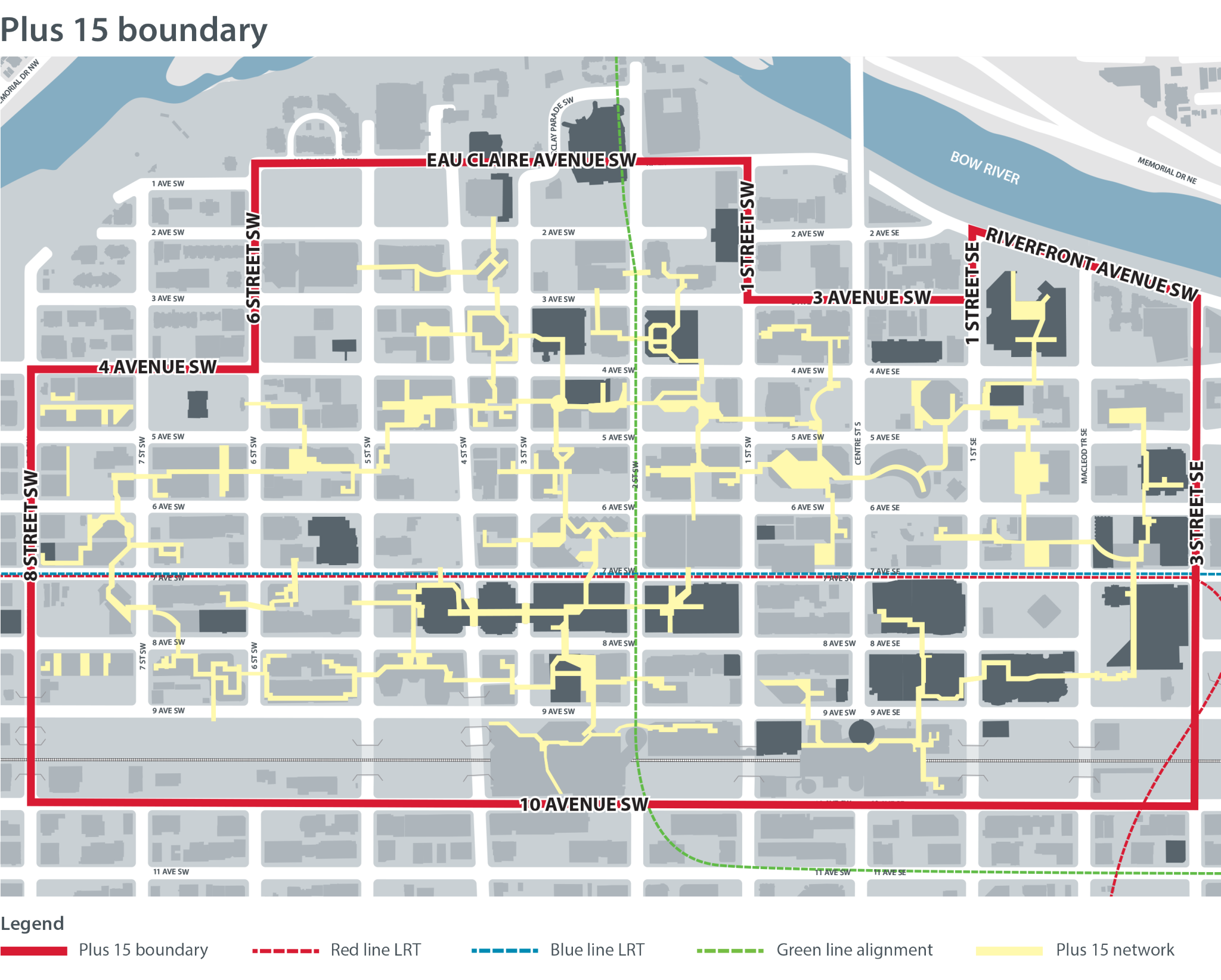 Map of the Plus 15 boundary in downtown Calgary