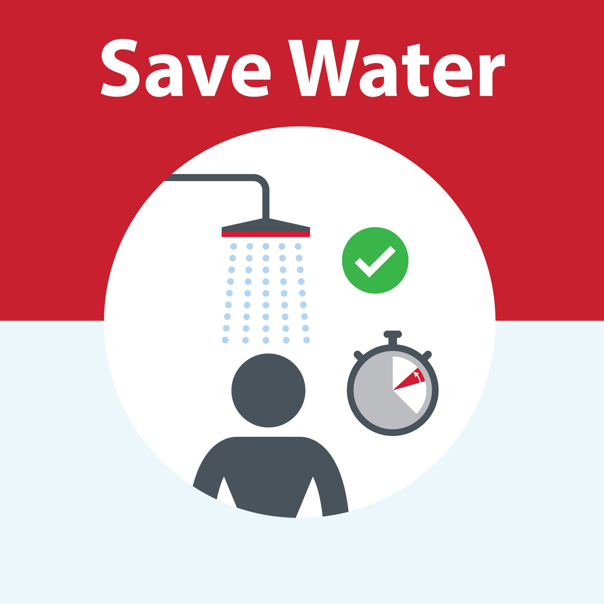 save water - icon of a person in a shower with a timer
