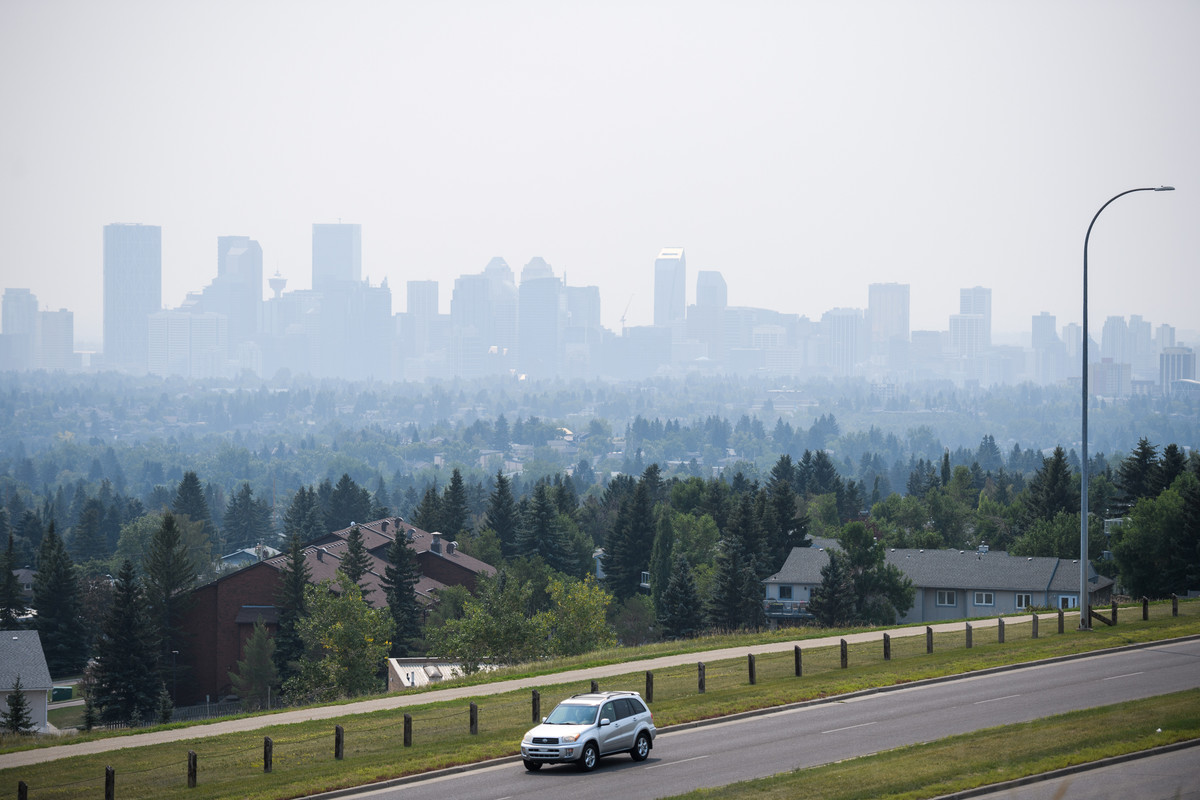 View of downtown Calgary covered in smoke from wildfires