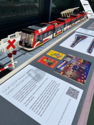 Lego display of new LRV mock-up with information at the Calgary Municipal Building.