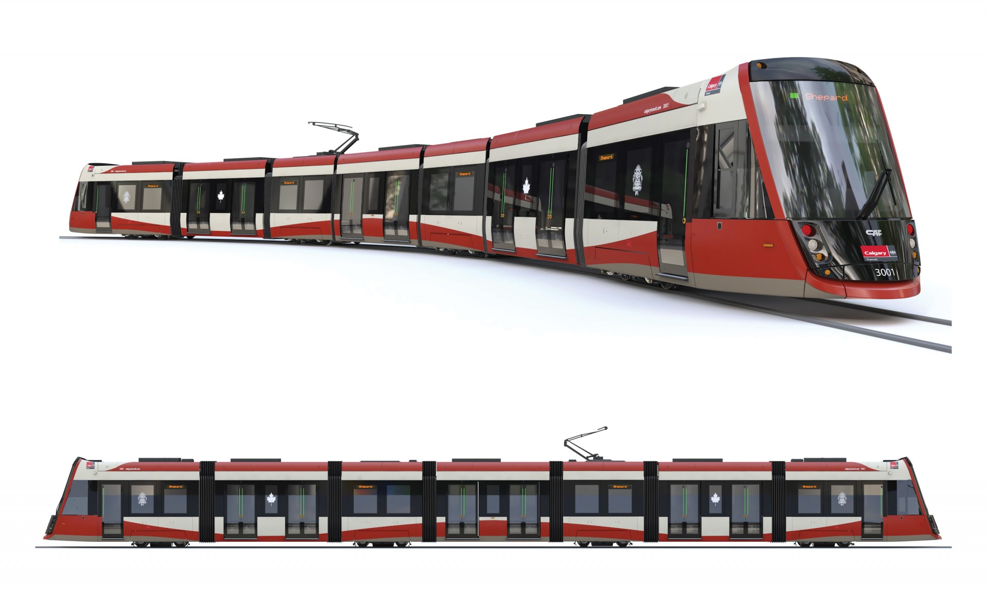 Top image - rendering of CAF Urbos 100 curved to the right. Bottom image - long view from the side of the train.