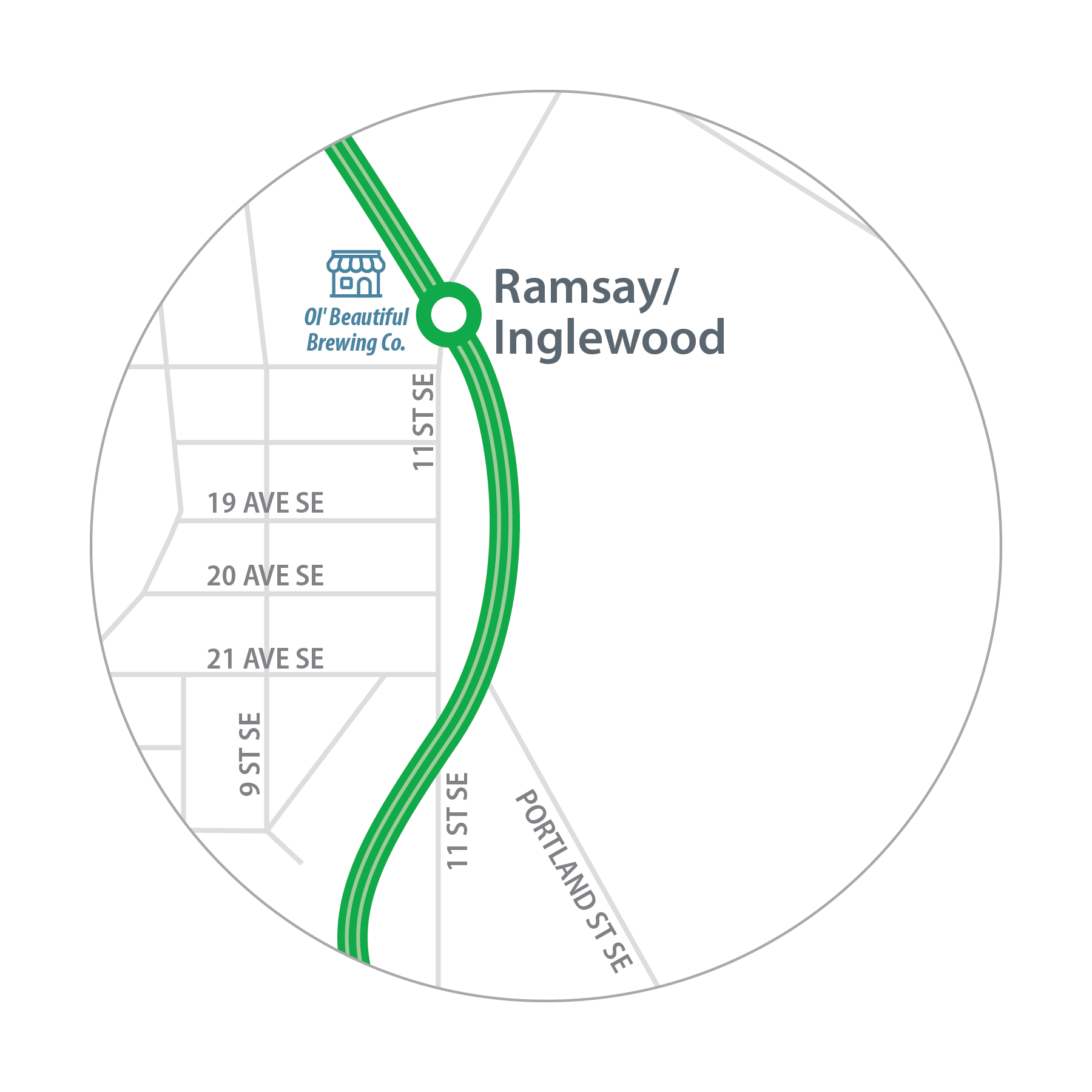 Map of Ol' Beautiful location in relation to Ramsay/Inglewood Station.