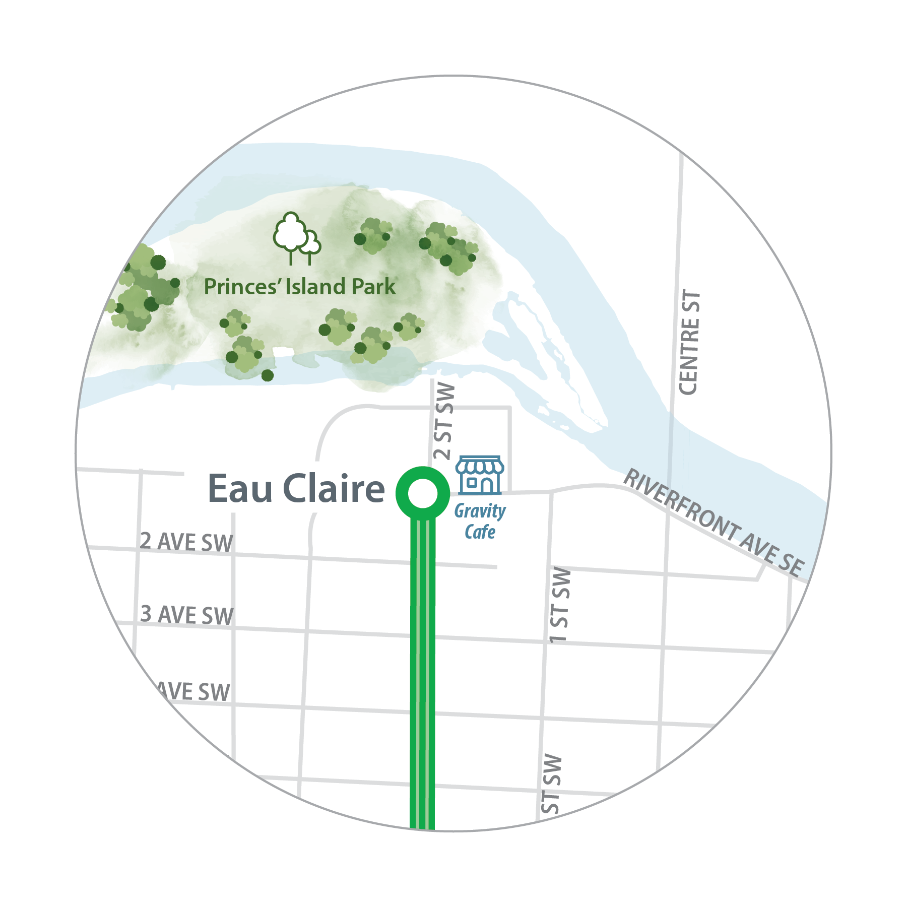 Map of Gravity Espresso & Wine Bar in relation to Eau Claire Station.