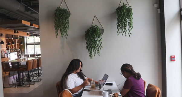 Two students sitting at a table with laptops and coffees at Gravity Espresso & Wine Bar.
