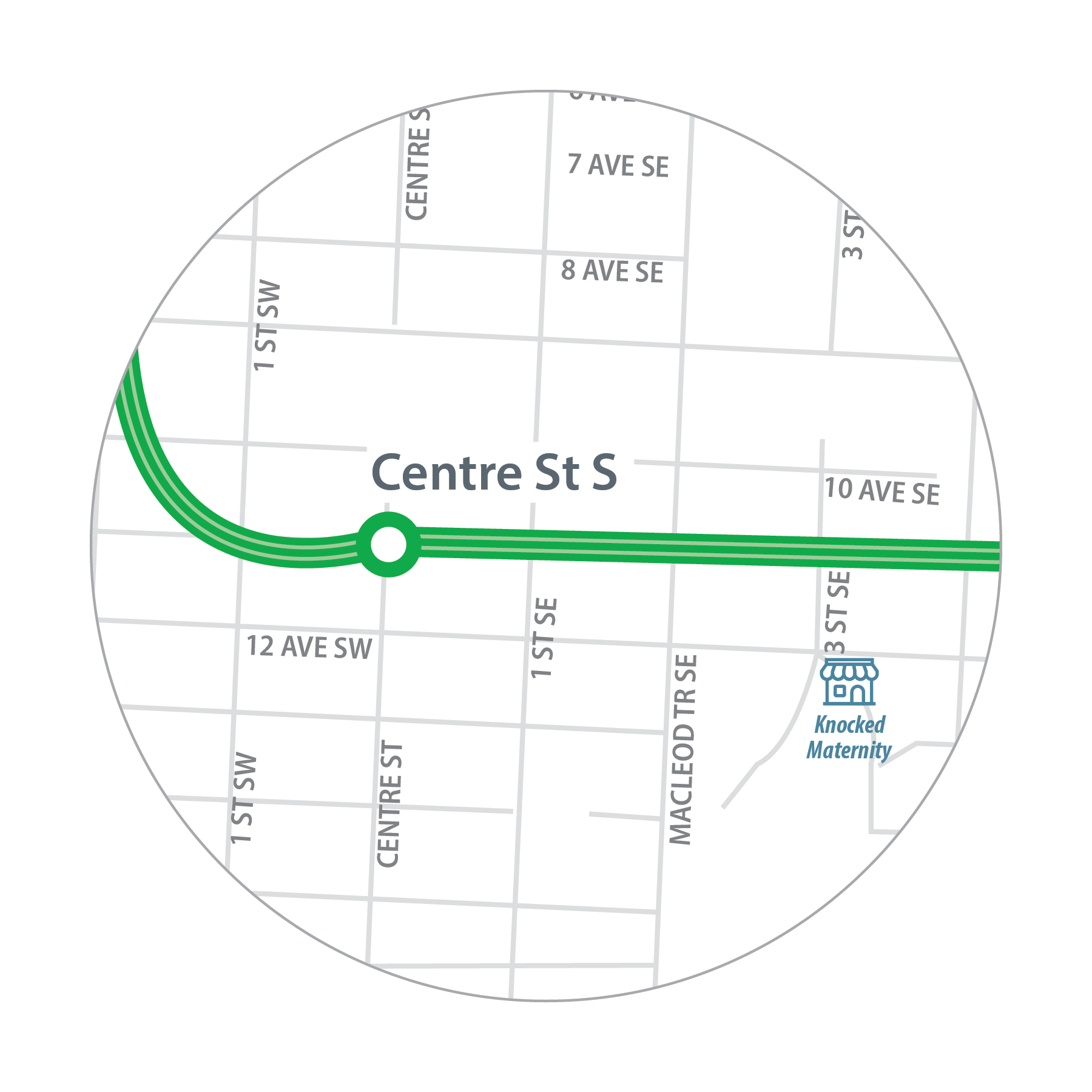 Map of KNOCKED Consignment location in relation to Centre Street S. Station.