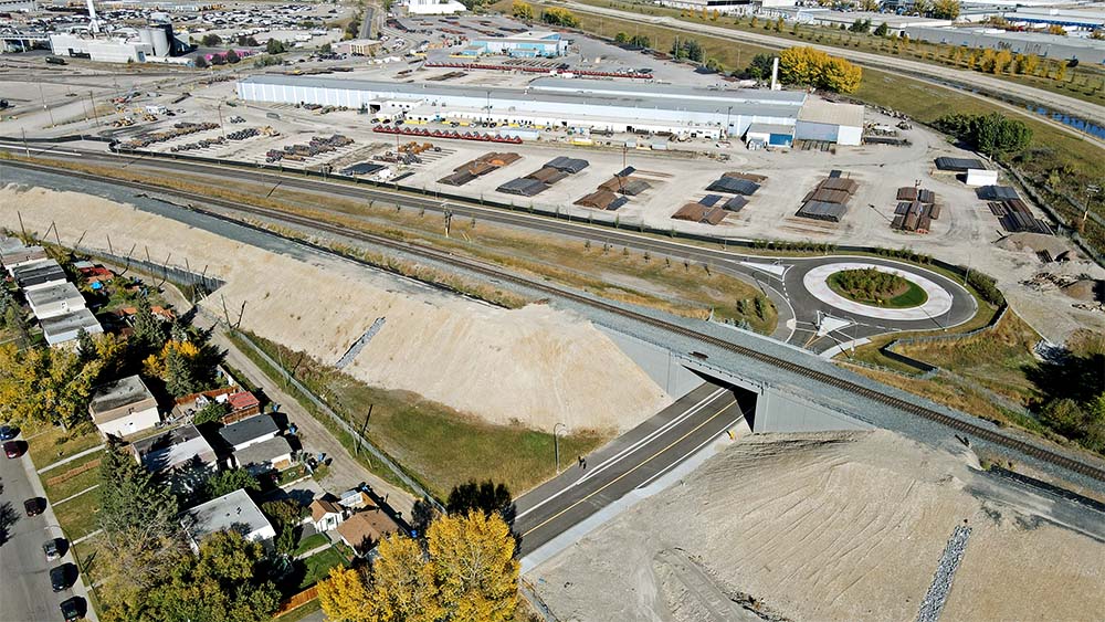 The new 78 Avenue S.E. underpass and roundabout. The 78 Avenue LRT Bridge will be built on the west side of the CPKC rail line. 