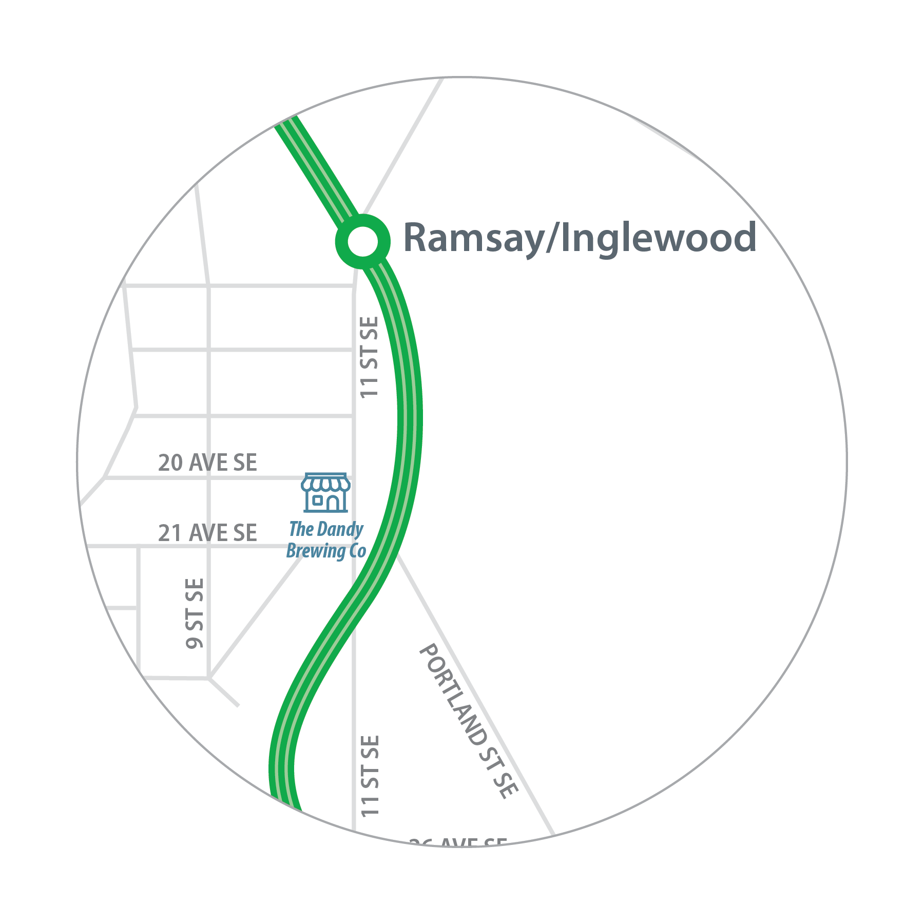 Map of Dandy Brewing Co. location in relation to Ramsay/Inglewood Station.