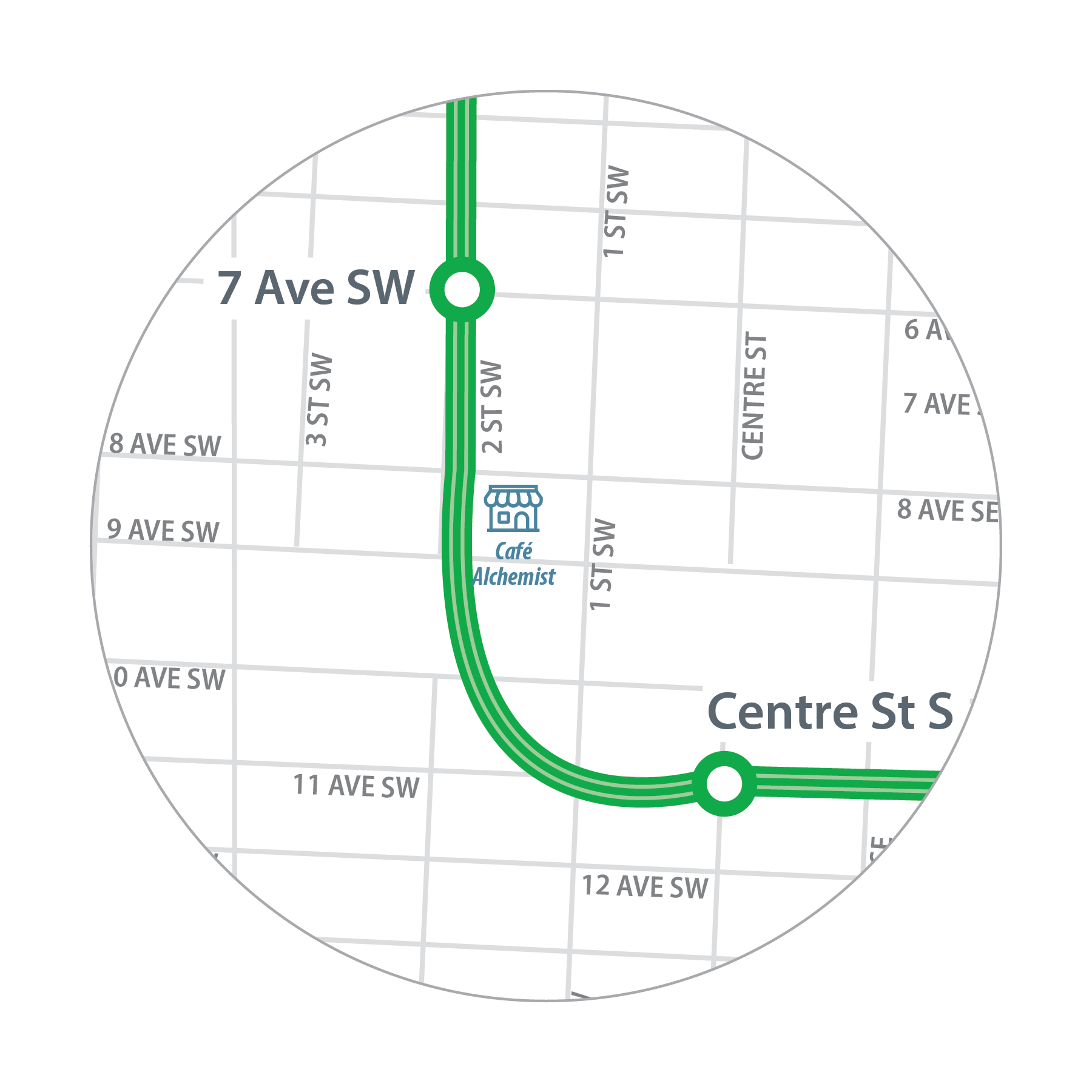 Map of Cafe Alchemist location in relation to 7 Avenue S.W. and Centre Street S. Stations.
