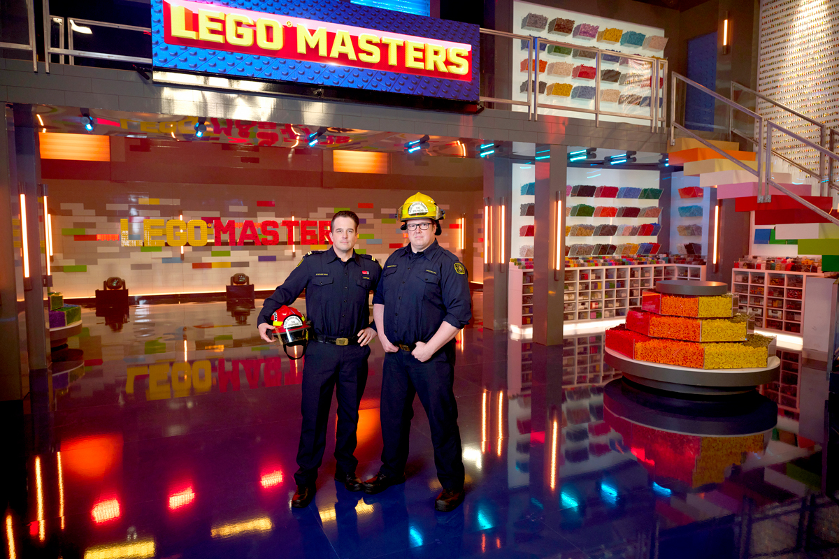 Lego Masters Stephen Joo and Stephen Cassley on the set of Lego Masters.