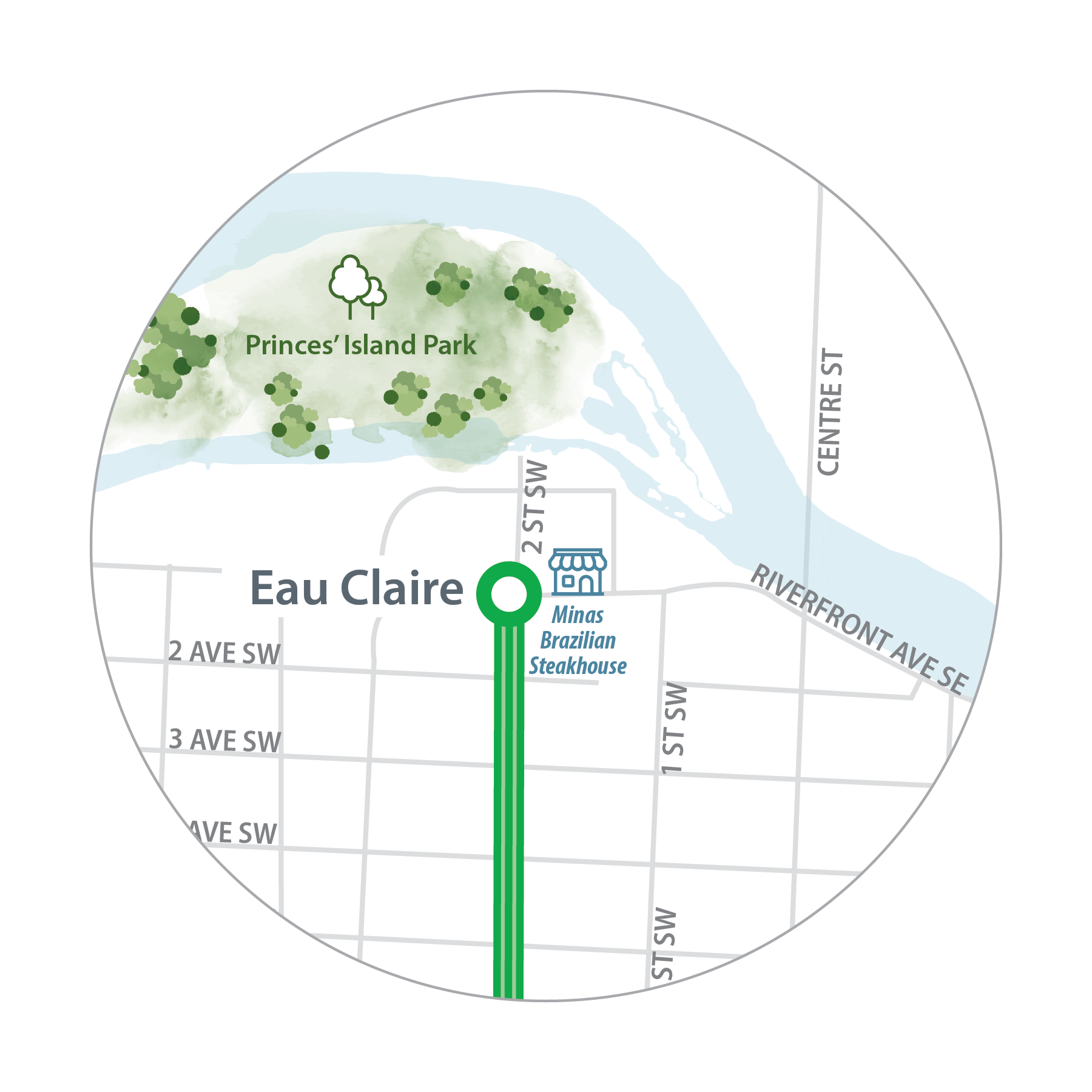 Map of Minas Brazilian Steakhouse in relation to Eau Claire Station.