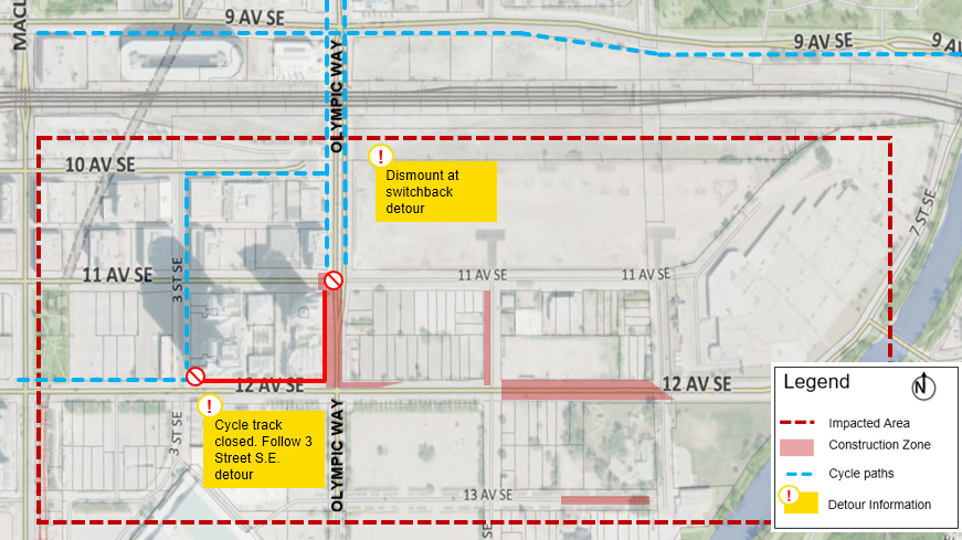 Map showing impacted area and detour information for cycle track closure.