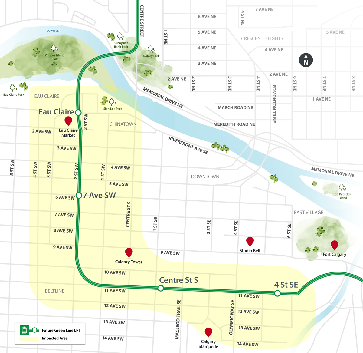 Map of Beltline Downtown Utility Relocation Project in relation to Eau Claire, 7 Avenue S.W., Centre Street S., and 4 Street S.E. Stations.