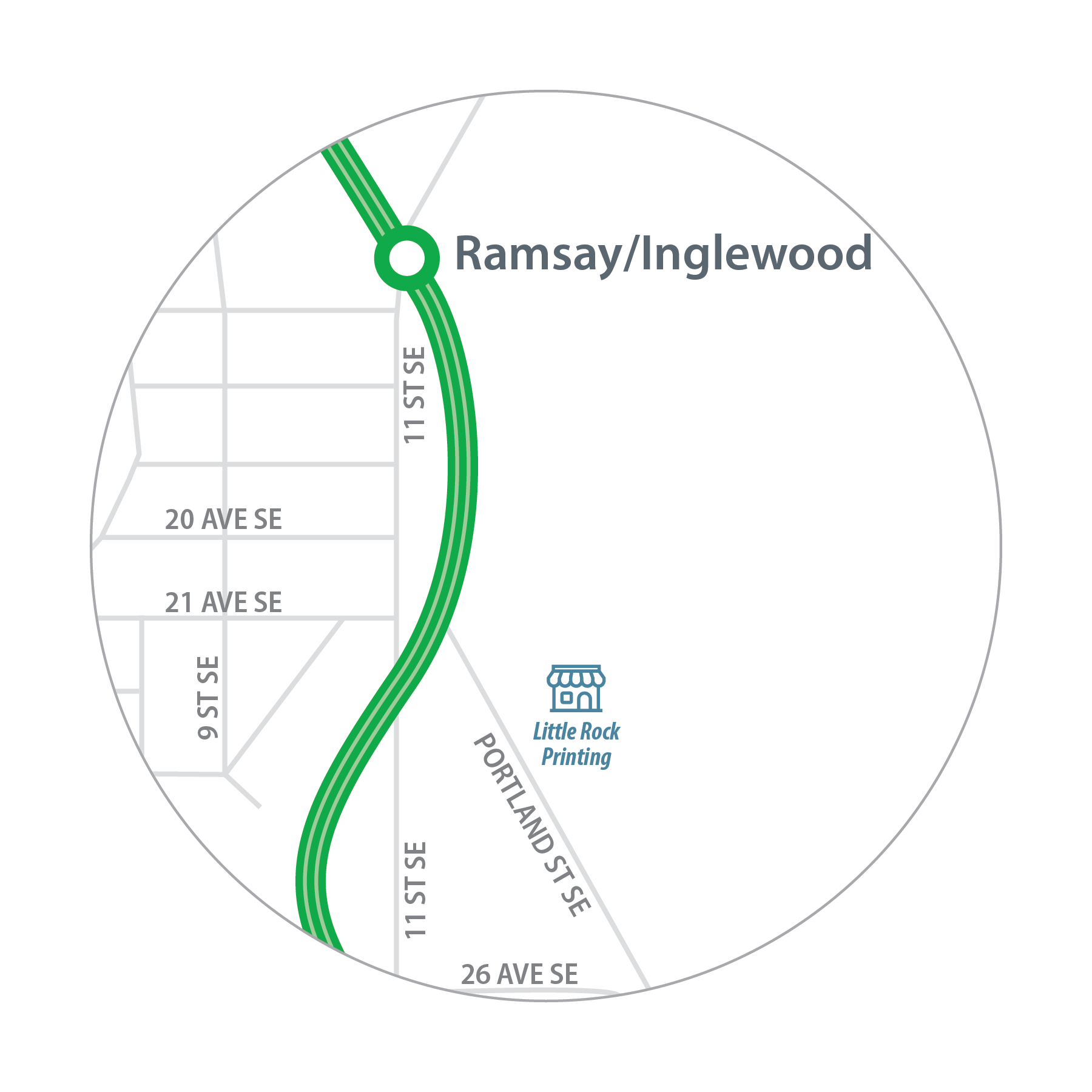 Map of Little Rock Printing location in relation to Ramsay/Inglewood Station.