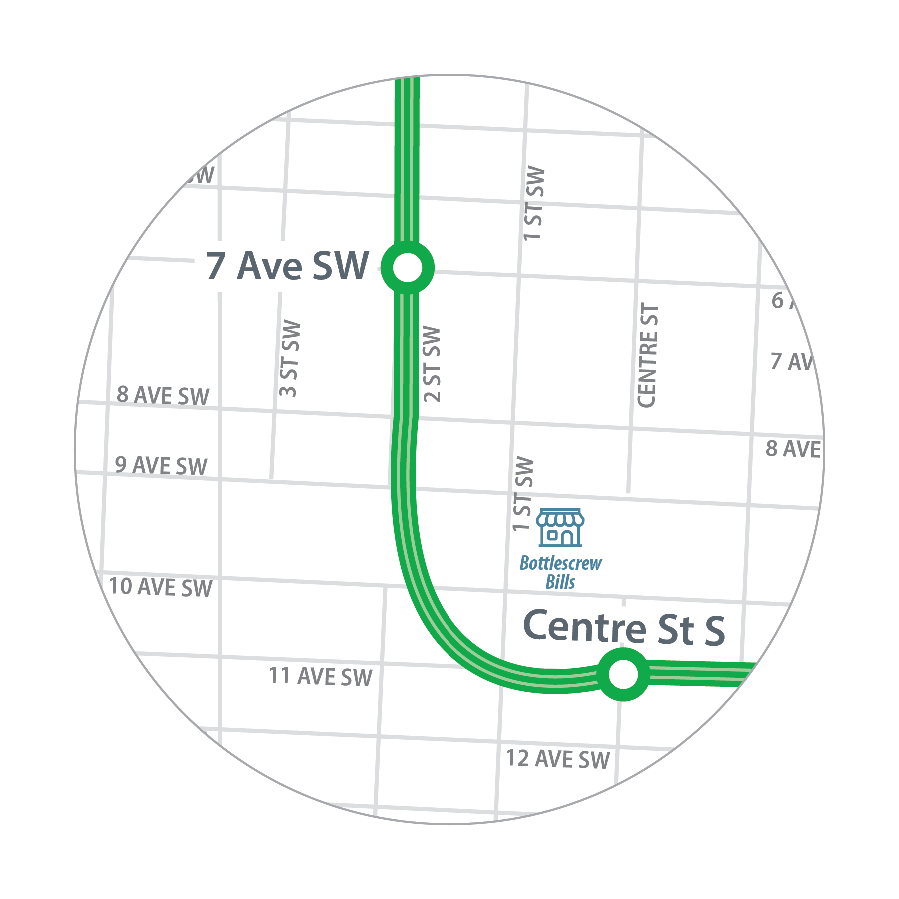Map of Bottlescrew Bill's location in relation to 7 Avenue S.W. and Centres Street S. Stations.