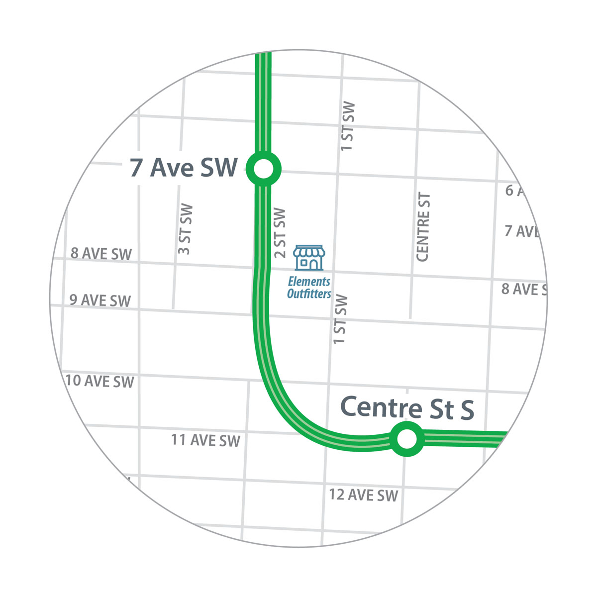 Map of Elements Outfitters location in relation to 7 Avenue S.W. and Centre Street S. Stations.