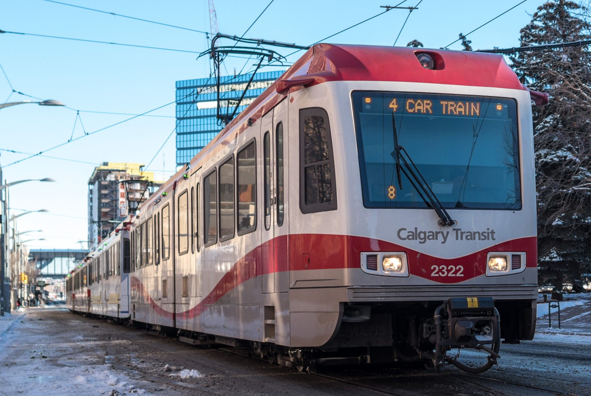 A four-car CTrain operates in downtown Calgary.