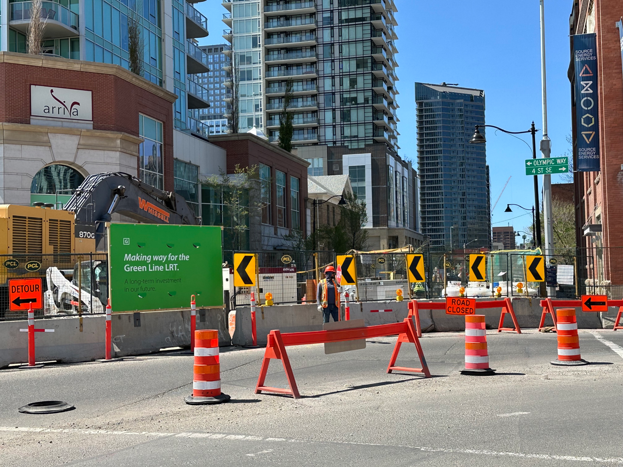 Construction to make way for the Green Line LRT occurring at Olympic Way and 4 Street S.E.