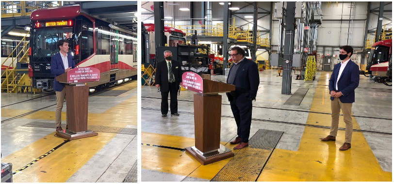 Prime Minister Justin Trudeau on the left at a podium in front of LRV, with Mayor Naheed Nenshi on the right at a podium, both at one of Calgary's Maintenance and Storage Facilities.