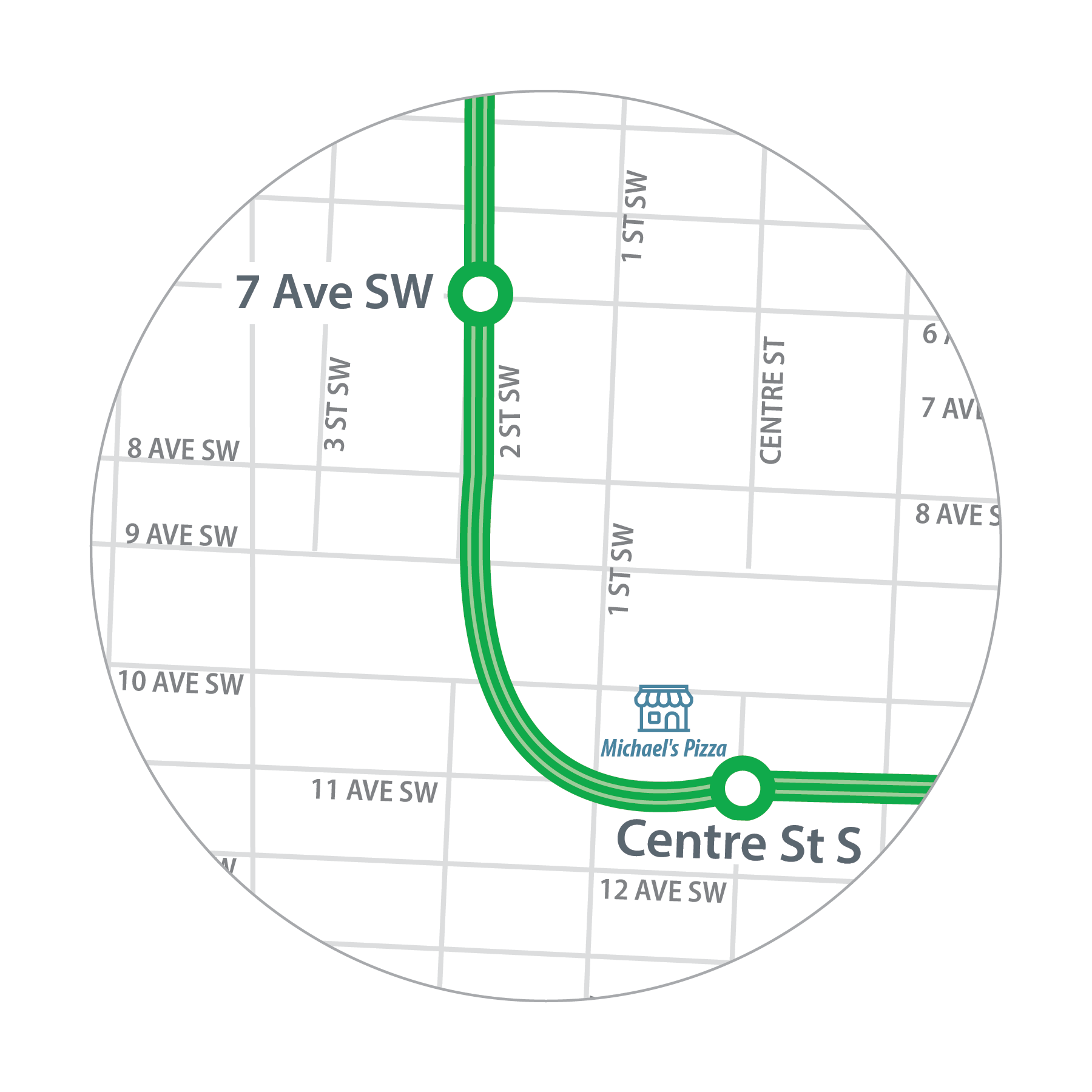 Map of Michael's Pizza location in relation to 7 Avenue S.W. and Centre Street S. Stations.