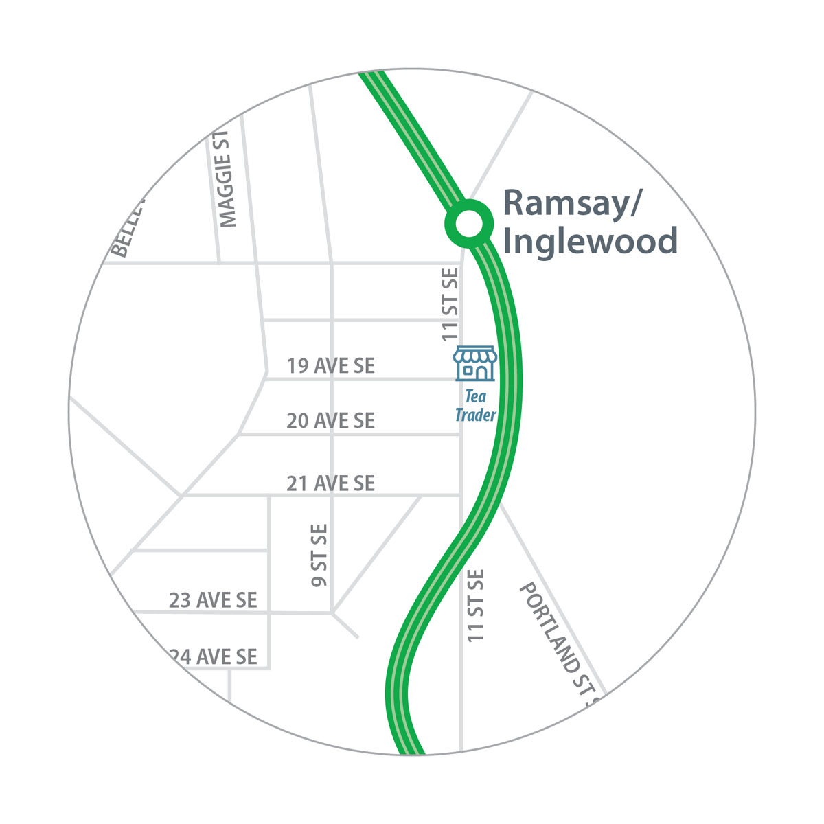 Map of Tea Trader location in relation to Ramsay/Inglewood Station.