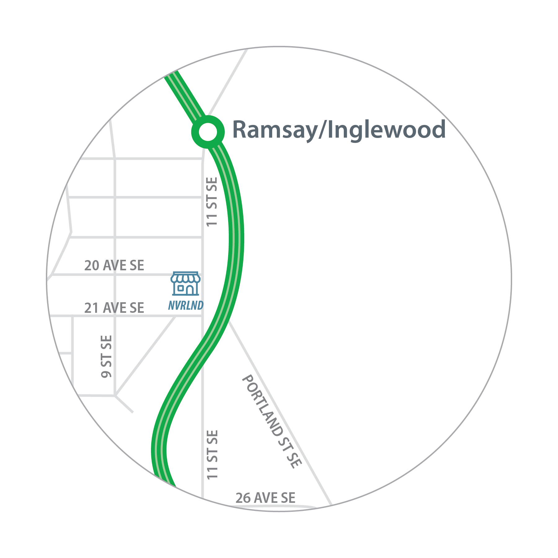 Map of Nvrlnd location in relation to Ramsay/Inglewood Station.