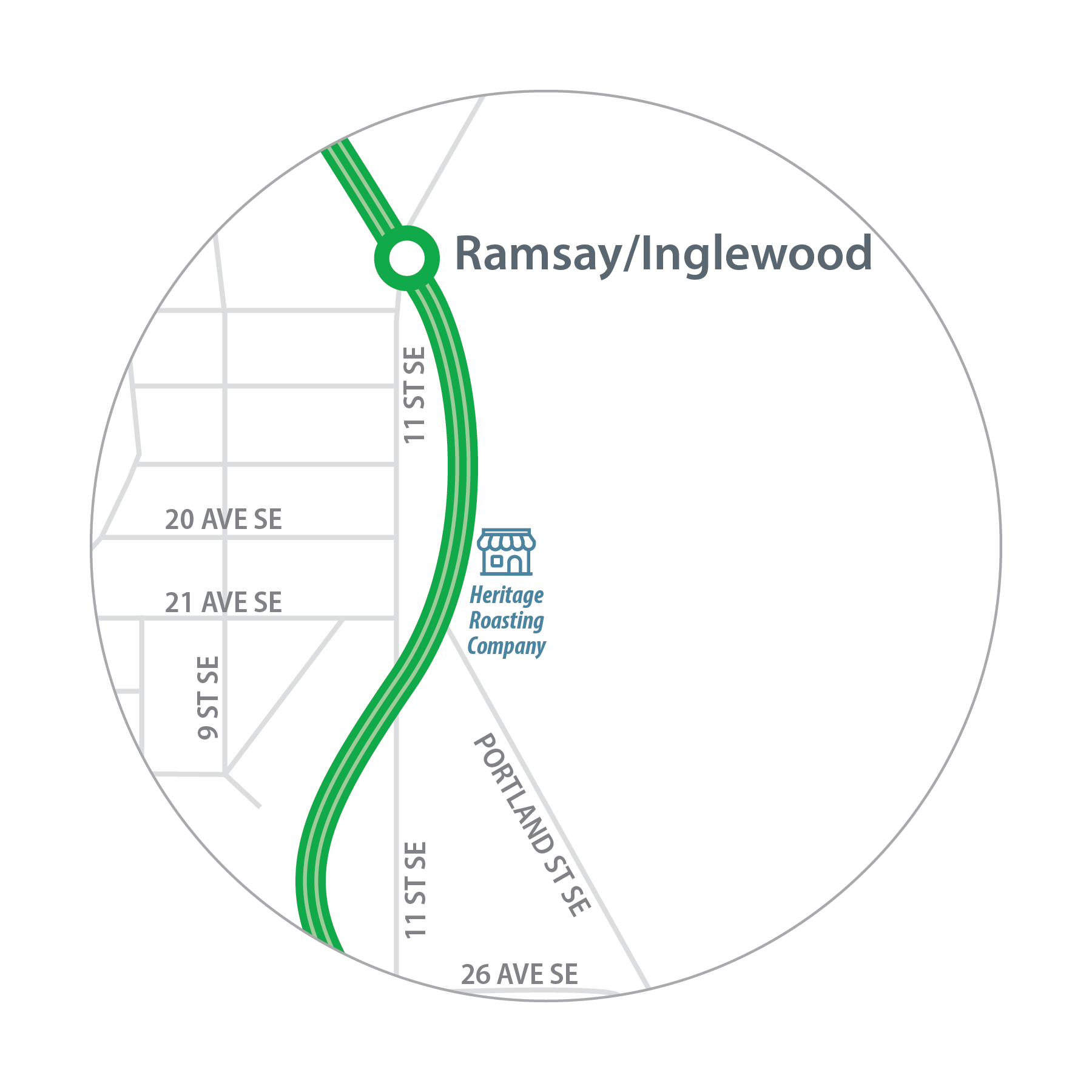 Map of Calgary Heritage Roasting Company location in relation to Ramsay/Inglewood Station.