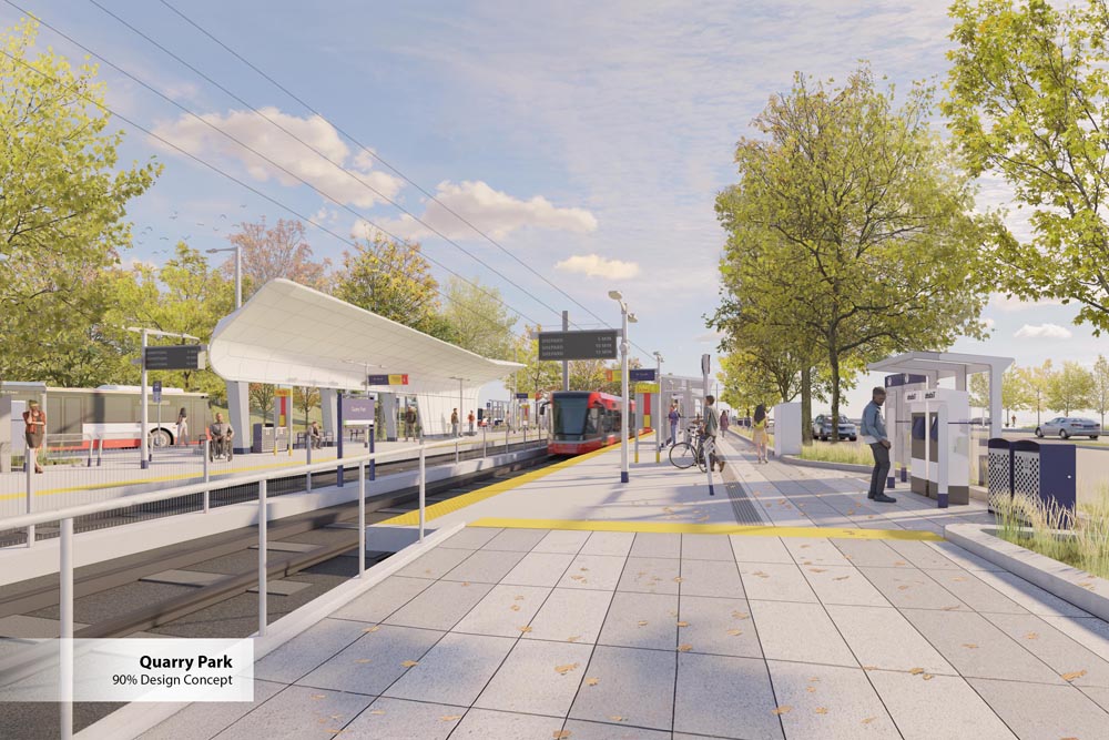 Rendering of a ground-level station canopy at 90% design.