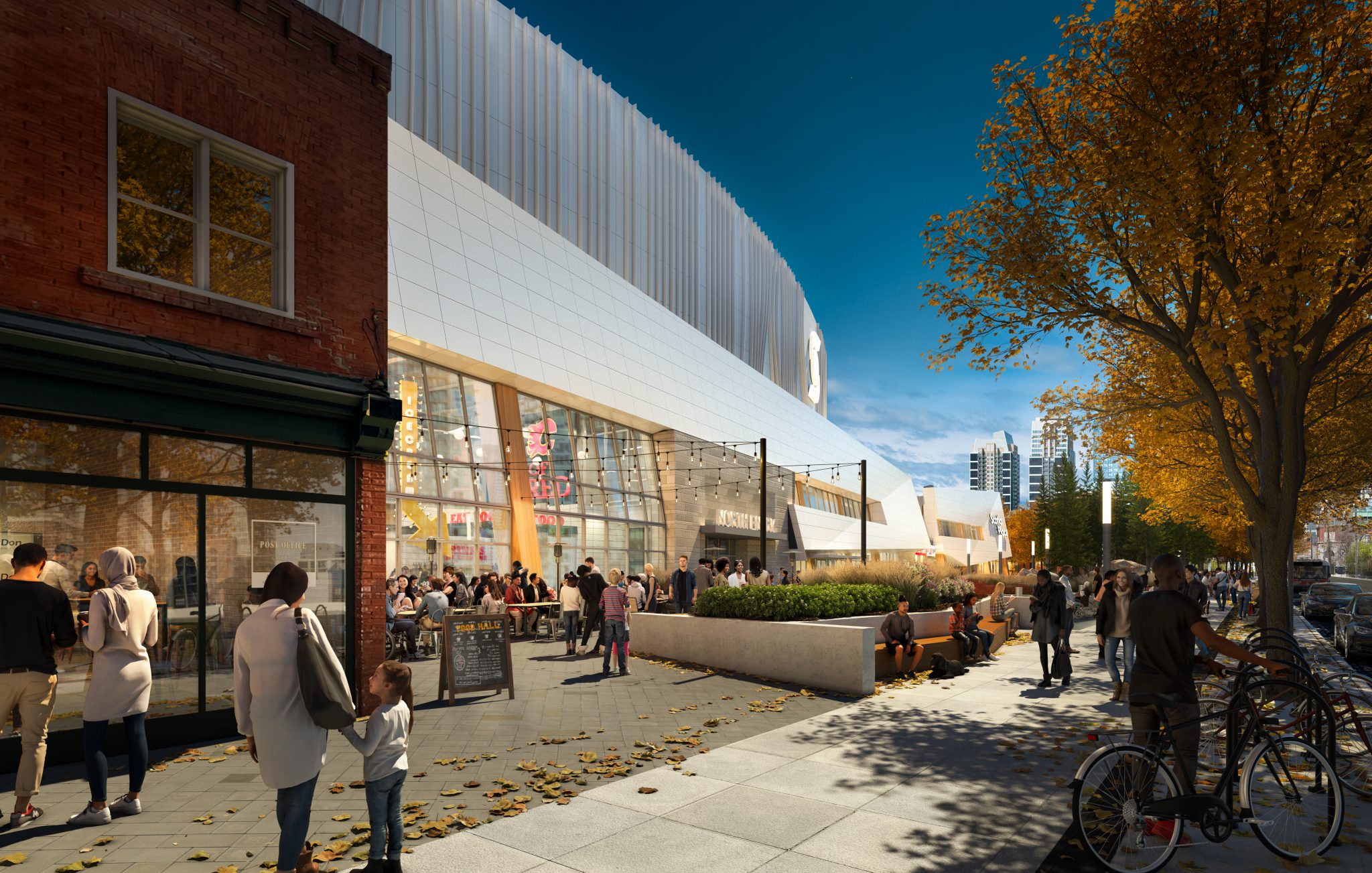 A rendering of the Scotia Place.  It is fall with some trees with yellow leaves.  There are people outside enjoying the retail shops.