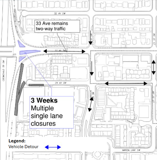 Median reconstruction at 33 Avenue and Crowchild Trail map