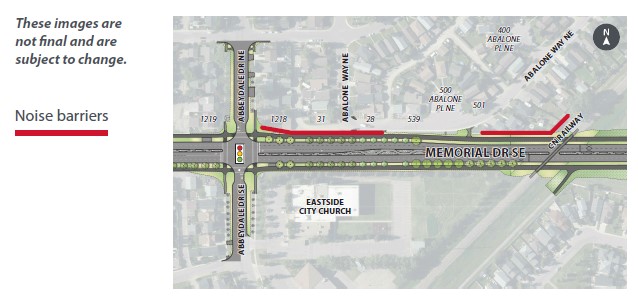 Noise barriers on Memorial Drive S.E. east of Abbeydale Drive N.E.