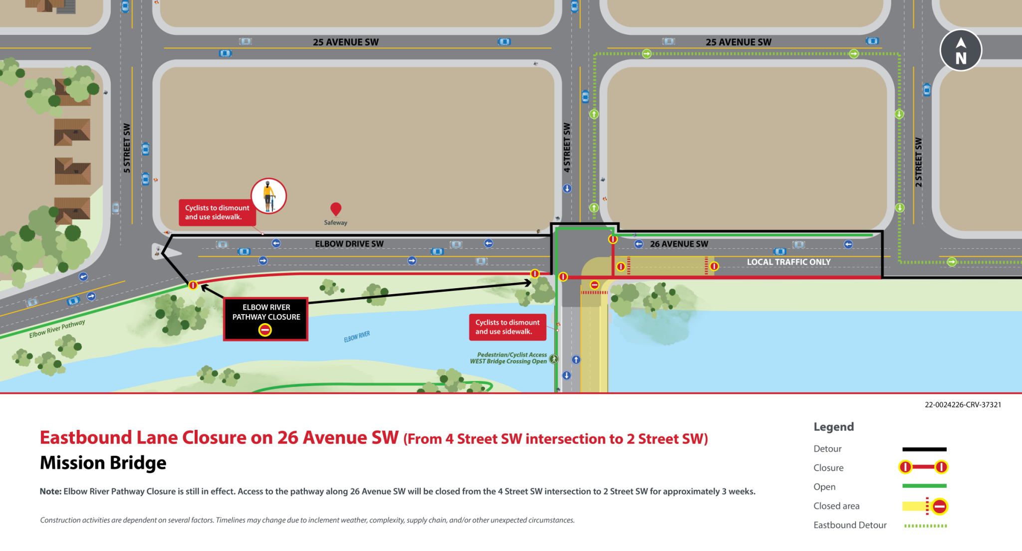 Mission Bridge - Eastbound lane closures on 26 Avenue map