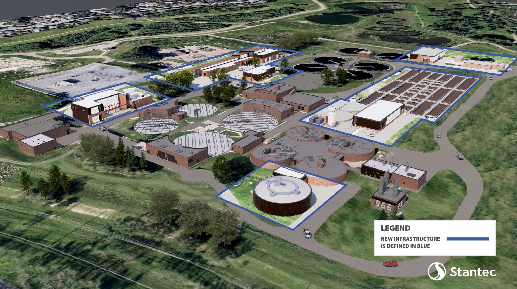 Rendering of new Fish Creek Waste Water Treatment Plant upgrades. New infrastructure is defined in blue.