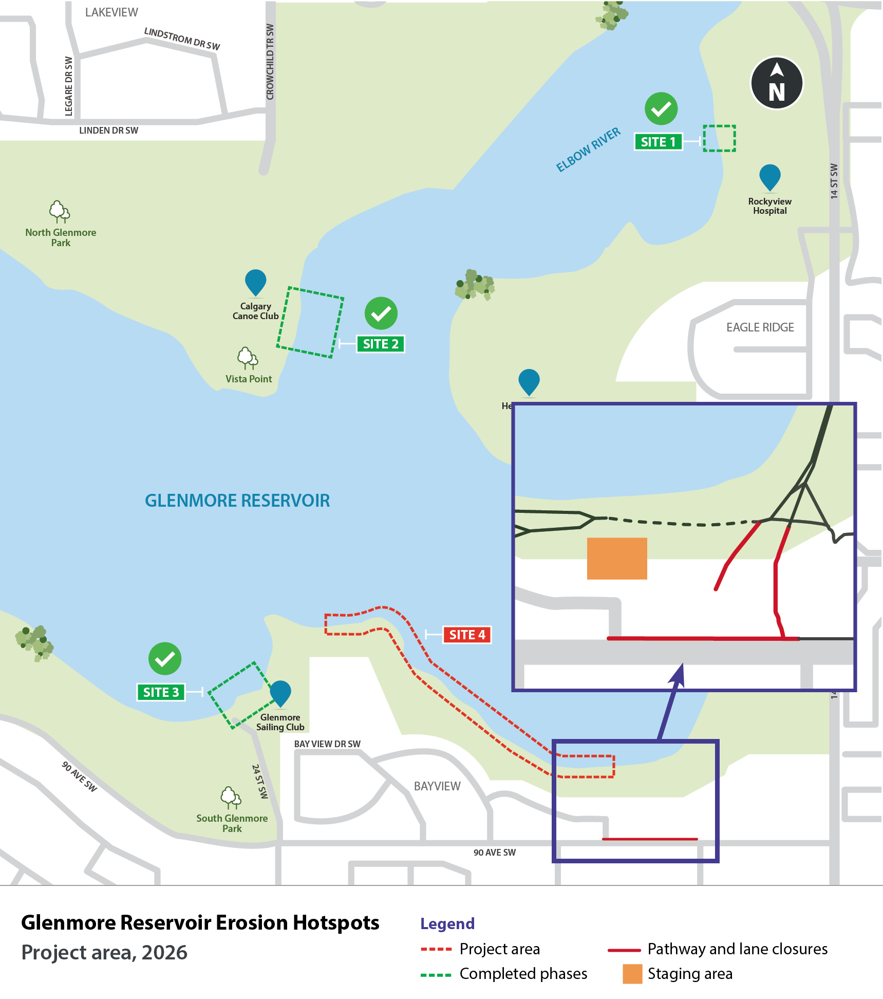 Map of Glenmore Reservoir and surrounding areas along with the 4 project sites.