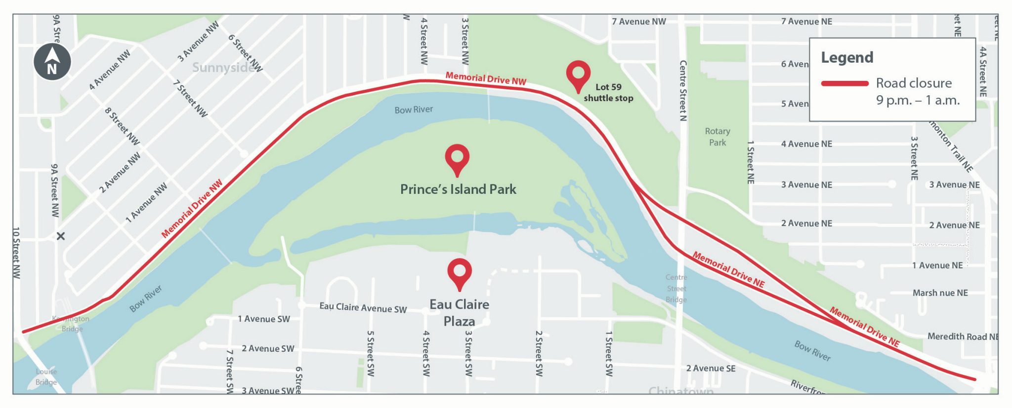 Map of road closures during the 2025 Calgary New Year's Eve celebration