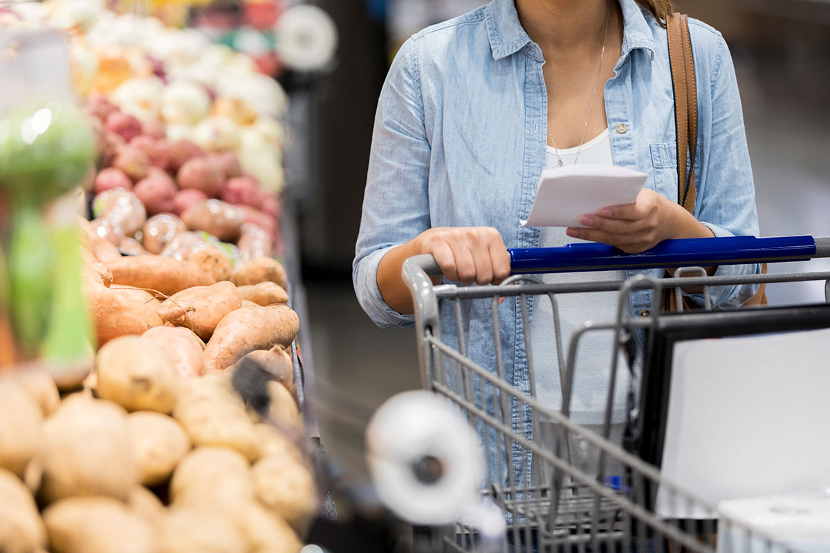 Person shopping in produce section with a shopping cart and grocery list.